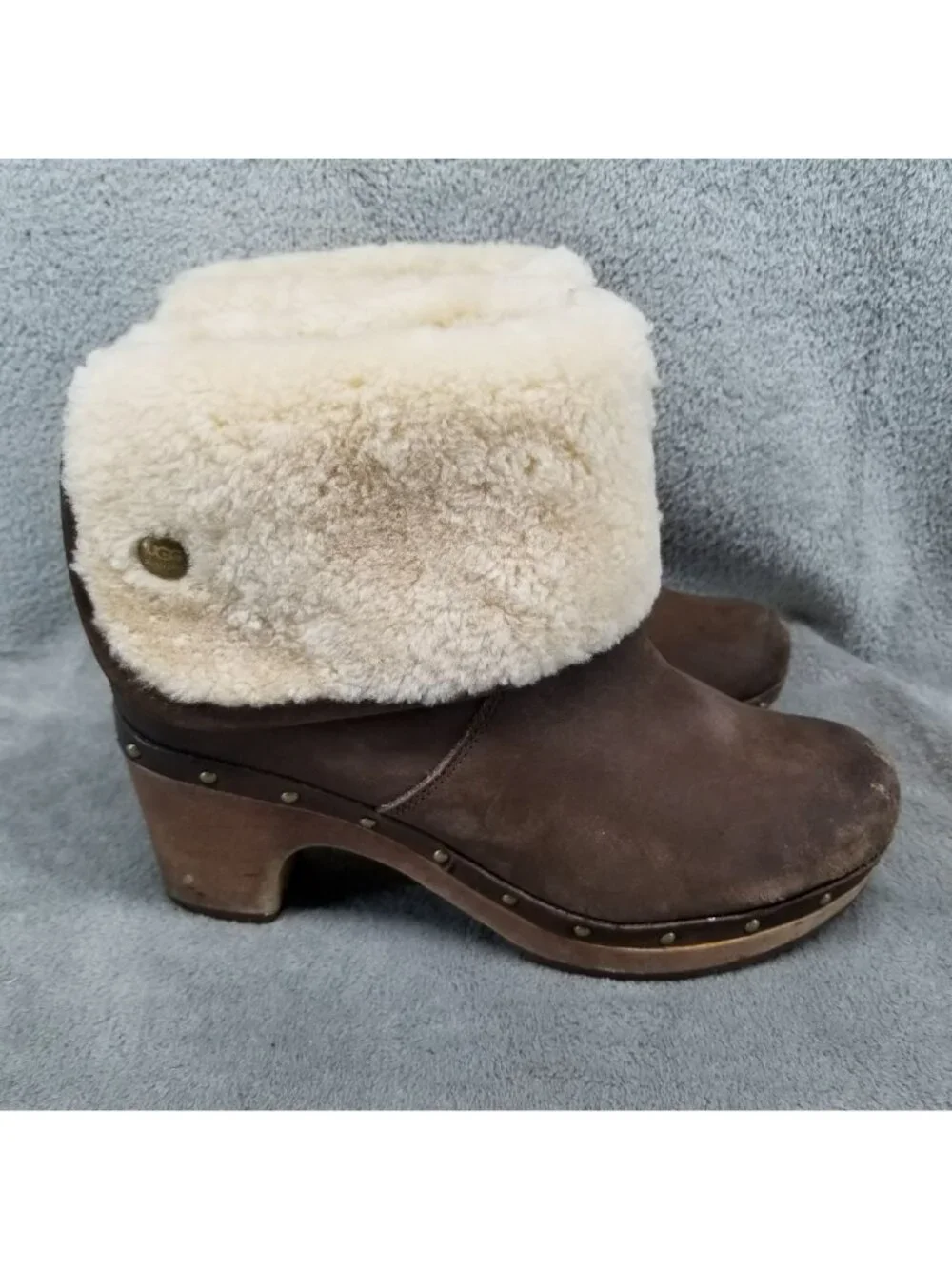 UGG Shoes Womens Size 7 Lynnea Brown Leather Shearling Wood Sole Boots *Read*
